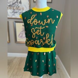New!QUEEN OF SPARKLES Green & Yellow “Down Set Sparkle”Sweater Vest & Skirt Set